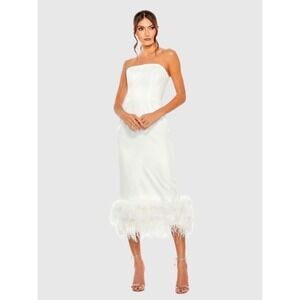 Mac Duggal White Strapless Midi Dress with Feather Hem
